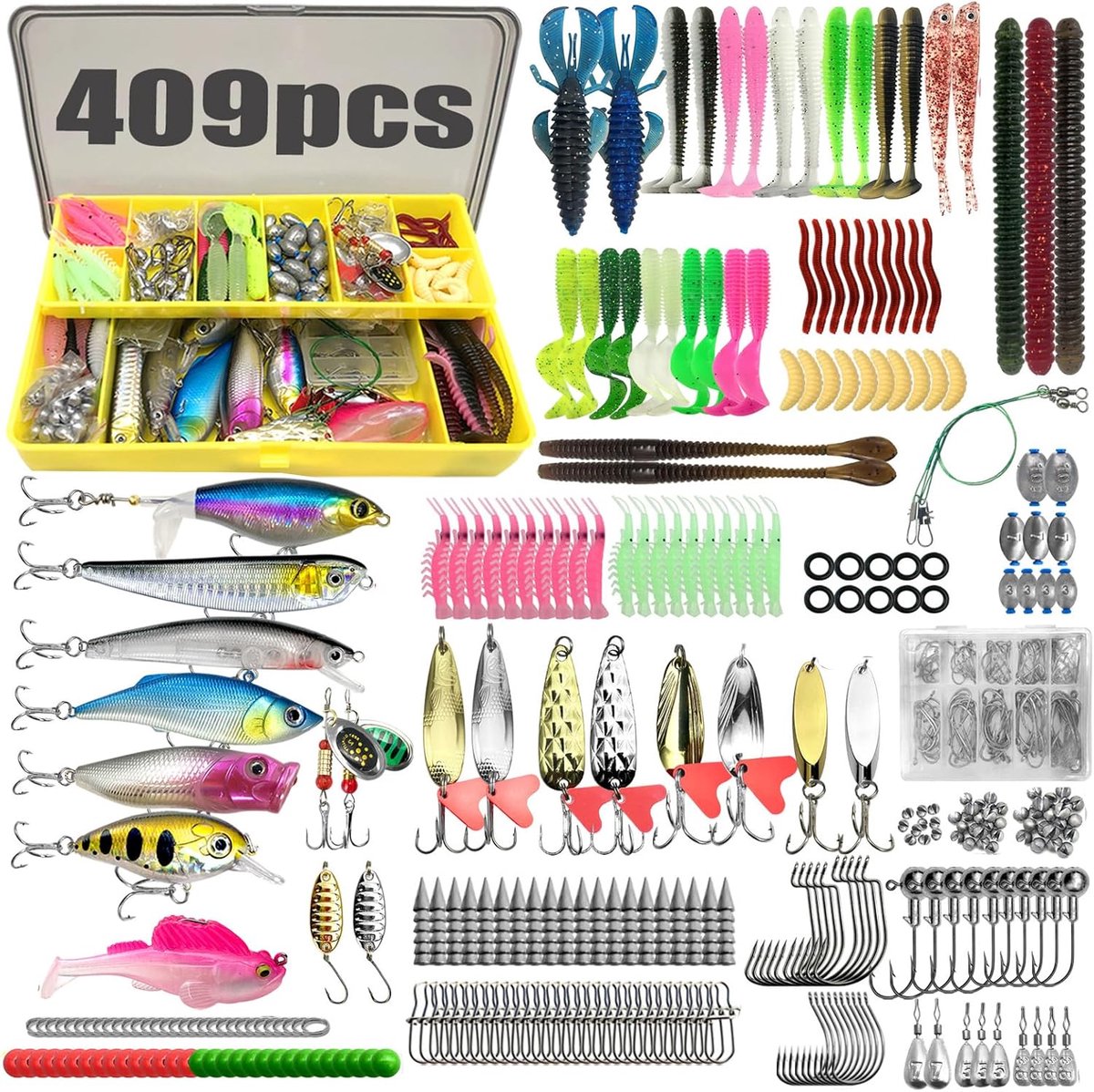 367 stuks visaas-set en gereedschapsset met lippenclips, haakverwijderaar, viskoffer met accessoires, visuitrusting, visaas voor snoek, forel, snoekbaars, baars