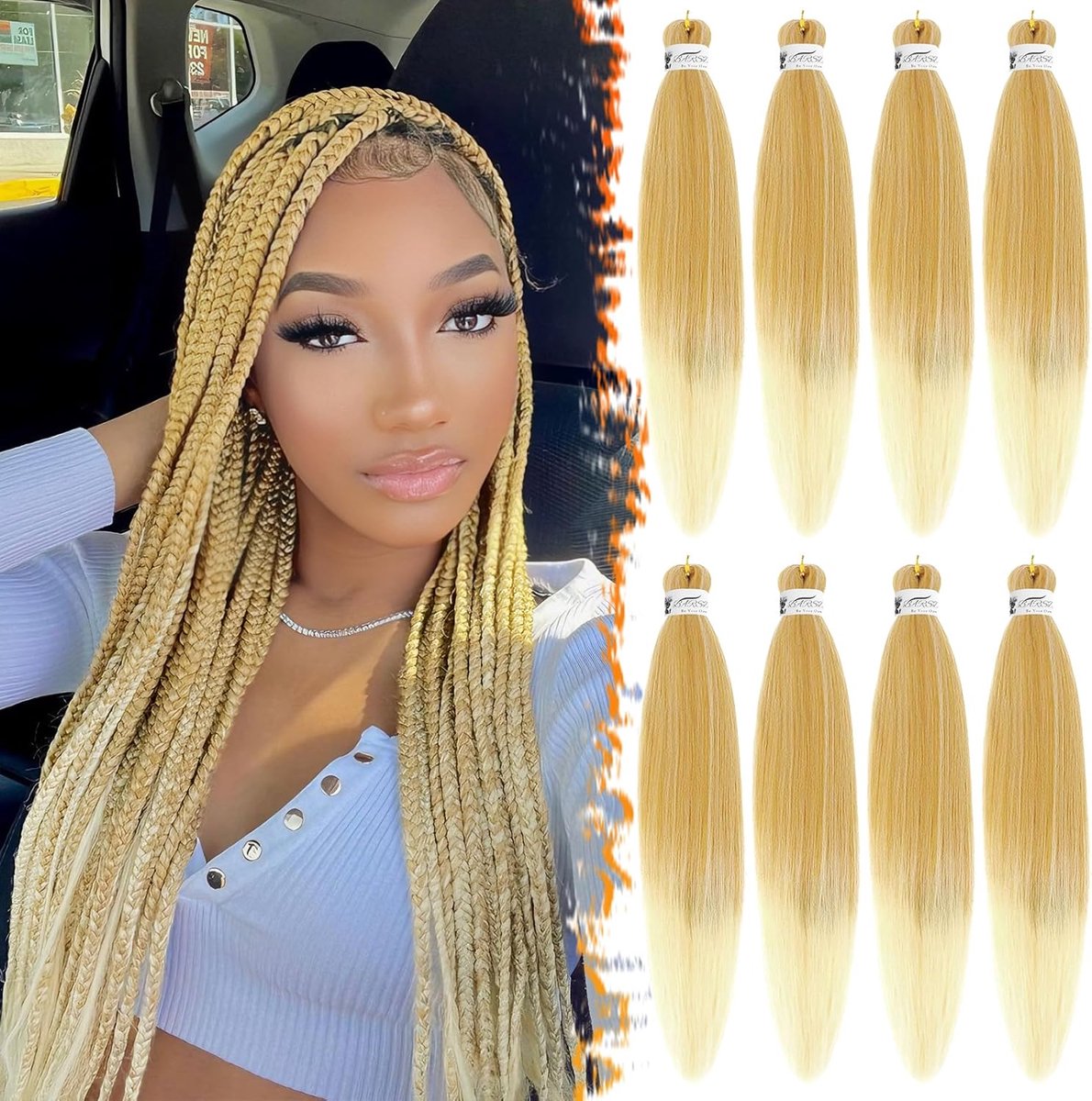 66cm Voorgerekt Vlechthaar, 8 Packs Ombreblond Vlechten Extensions Synthetisch Gehaakt Vlechthaar Yaki-textuur Gemakkelijk Vlechten Haarextensies voor Vrouwen
