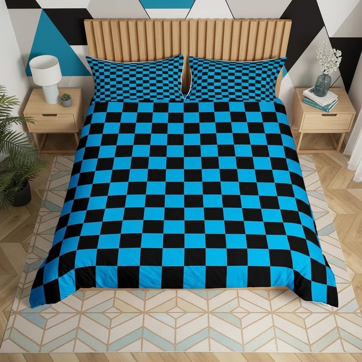 Omgoods - Blauw Zwart Rooster Kinderdekbedset voor Jongens en Meisjes - Geometrische Print