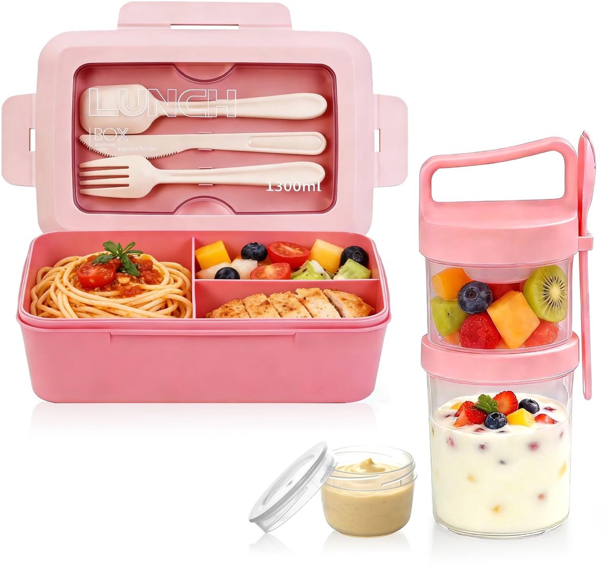 Omgoods - Lunchbox voor Volwassenen met Bestek - 1300 ml Bentobox in Roze