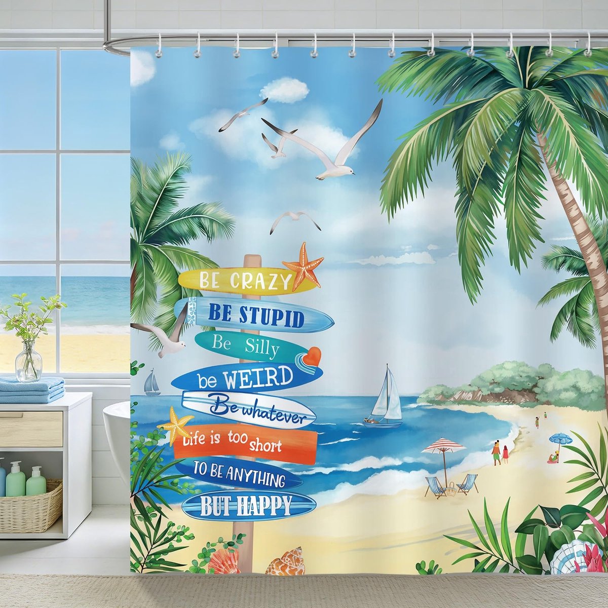 Omgoods - Tropisch Strand Douchegordijn 180 x 180 cm met Haken