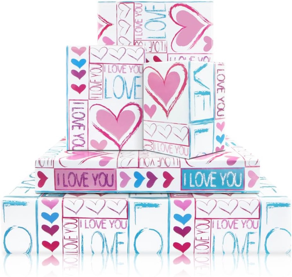 LOVE YOU Inpakpapier, 4 vellen blauw en roze liefdeshart geschenkpapier, romantisch en zoet papier voor bruiloft, verjaardag, Valentijnsdag, jubileum, meisjes en jongens, geschenkverpakking, 70 x 50