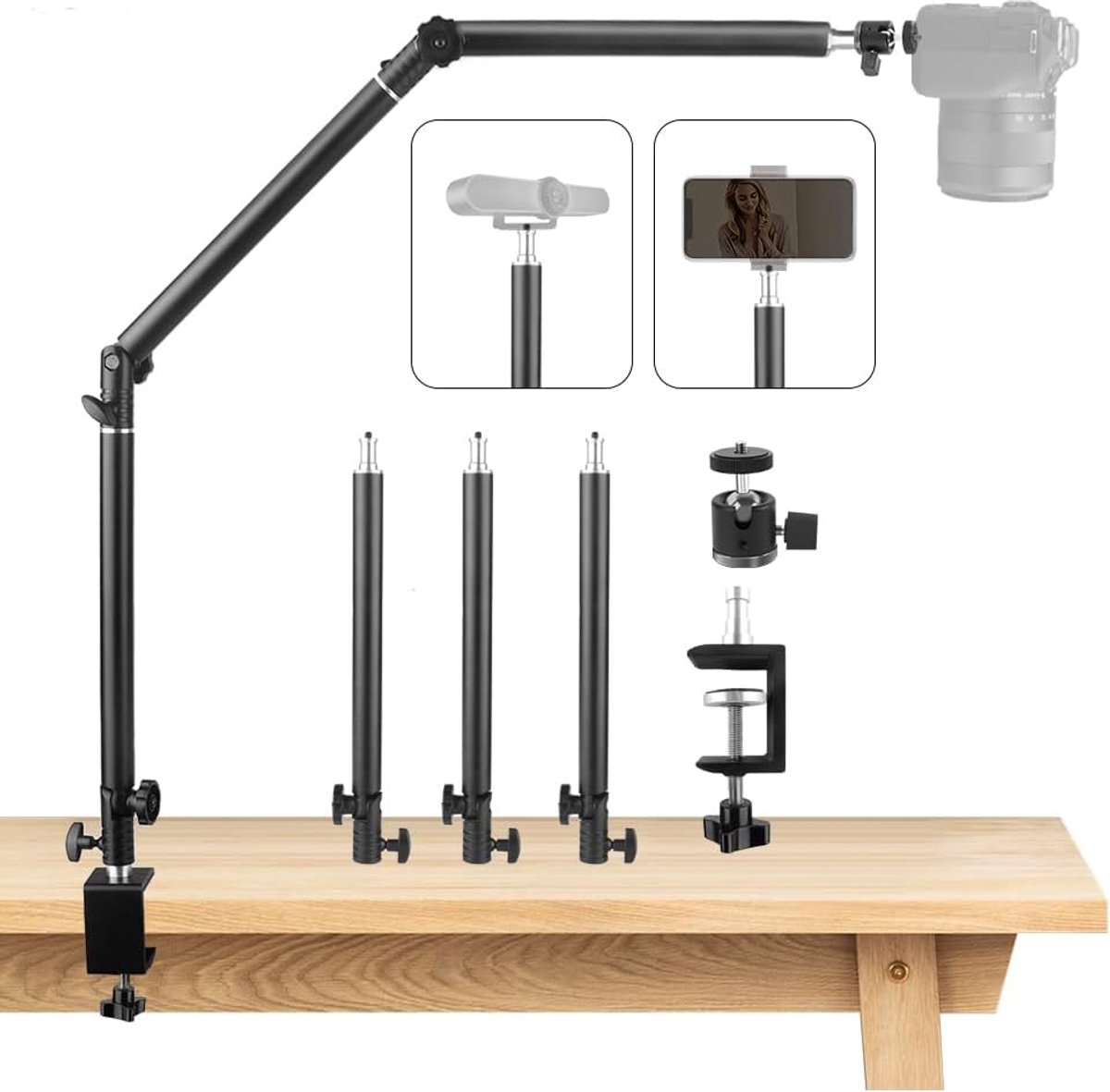 Camera Tafelstatief Overhead Statief, | Flexibele Scharnierarm Tafelmontage met 1/4" balhoofd voor Camera, Ring Licht, Webcam, Projector