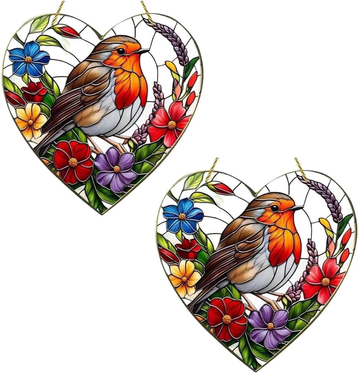 2 stuks Robin Gifts - 20 x 20 cm hartvormige roodborstje zonnevangers met glas-in-loodeffect, acryl hangende ornamenten voor ramen tuin thuis