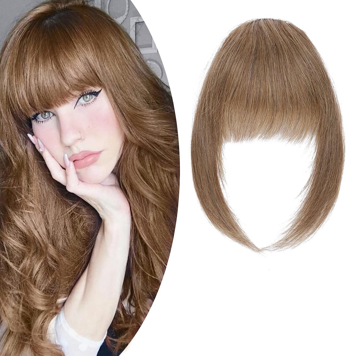 Clip-in pony, haarstukje, echt haar, bangs, 100% Remy-haar, eendelige extensies, franjes, verlenging, natuurlijk, lichtbruin #6, gebogen pony, 15 cm - 14 g