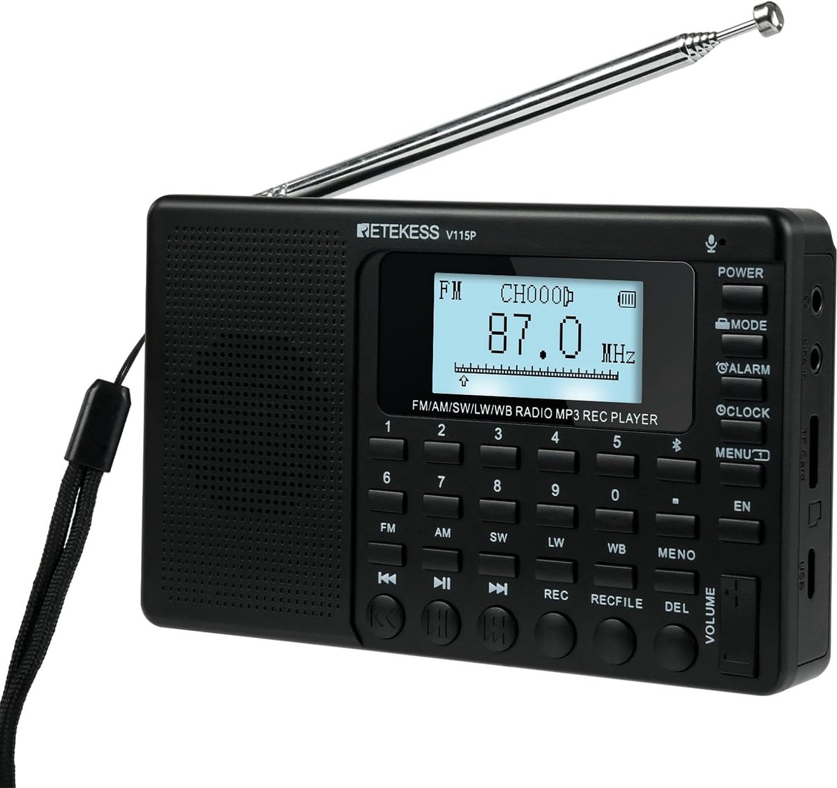 Retekess V115P Noodradio - Draagbare Radio-AM/FM/SW/LW/WB - Weerradio met Zaklamp - 1800mAh Oplaadbare Batterij - voor Noodsituaties & Buiten