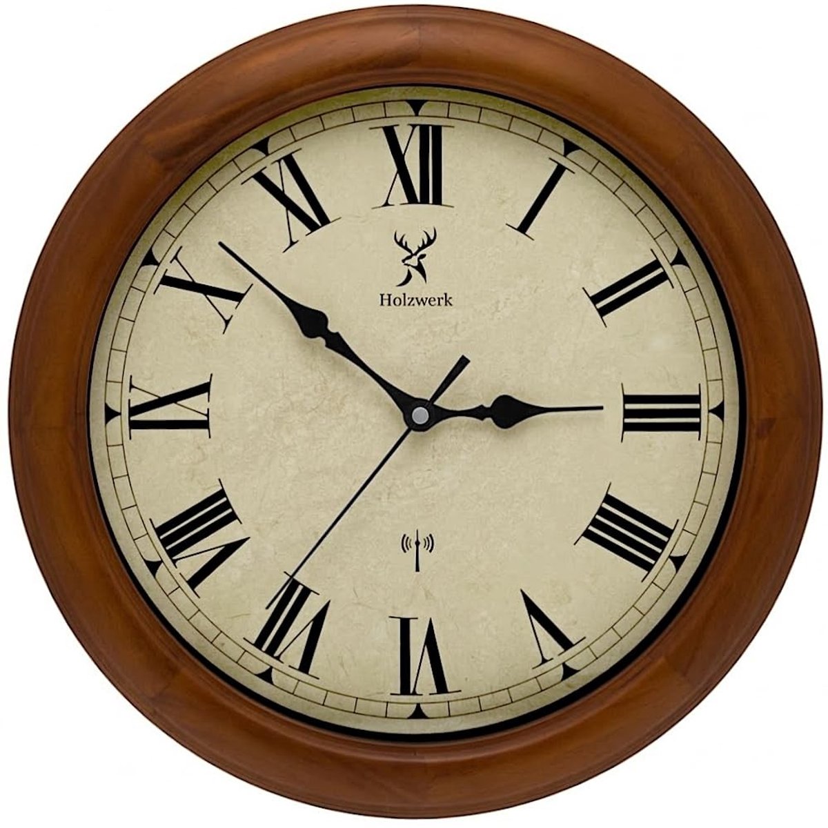 Omgoods - Holzwerk Retro Wandklok met Glas en Romanen - Radiogestuurd en Stille Beweging