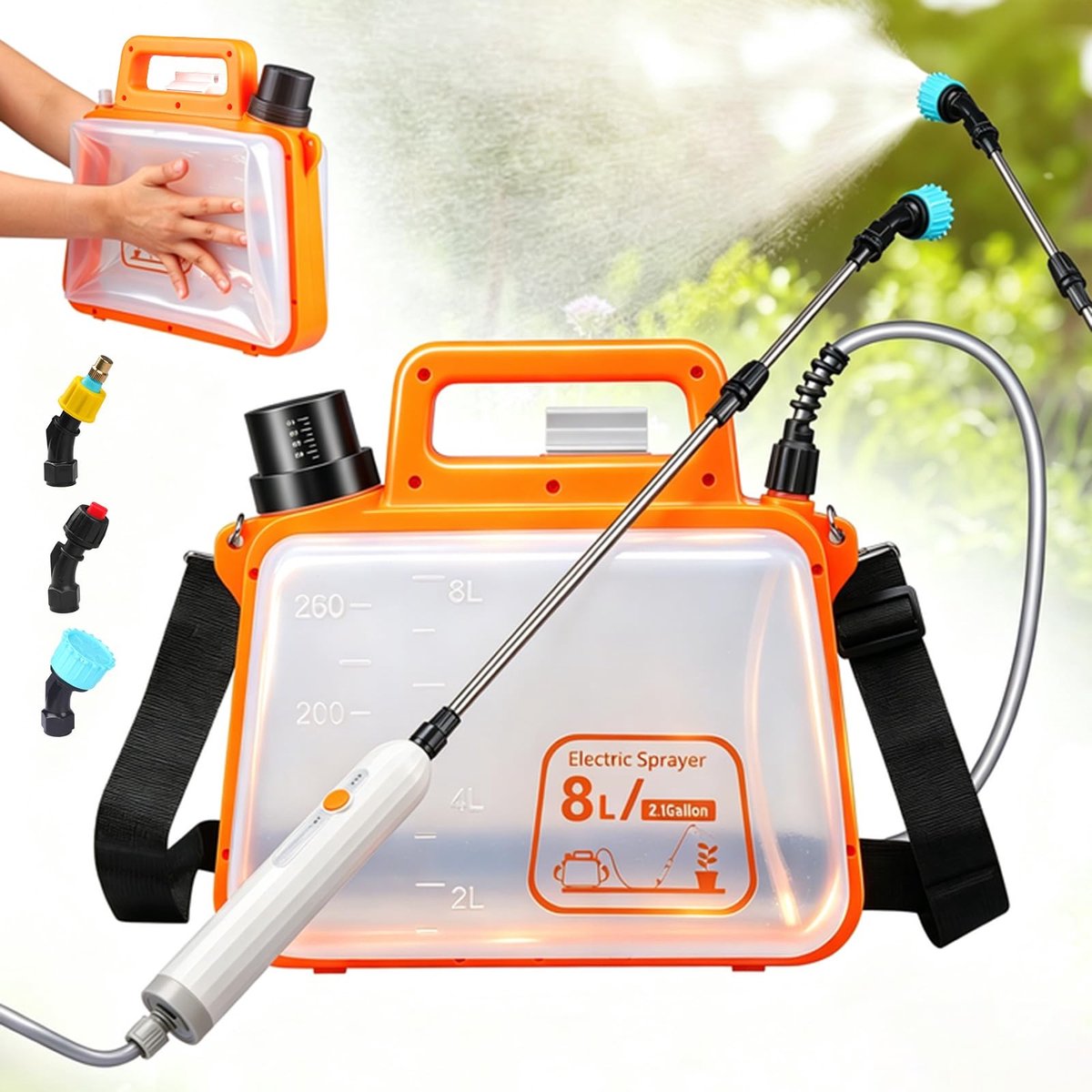 Omgoods - Elektrische Tuinspuit 8 Liter, Opvouwbare Rugzaksproeier met 3 Sproeiers en Accu, Oranje