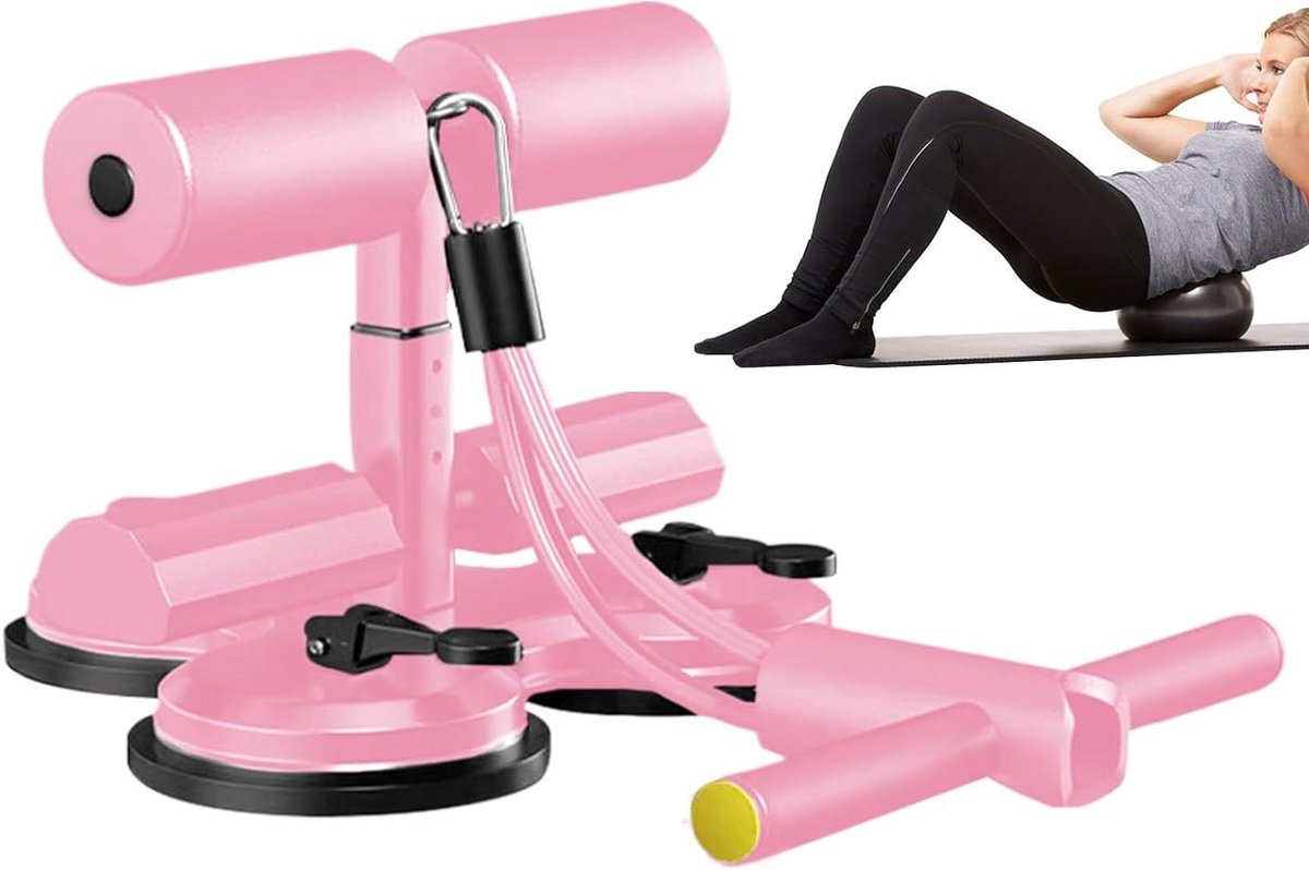 Sit-up Balk - Trainingsapparaat Buikspieren - Thuis Fitness - Dubbele Zuigbeker Basis - Tot 325 kg - Roze