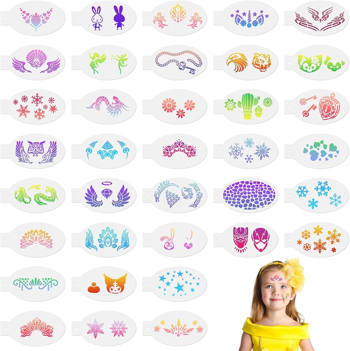 36 stuks gezichtsverfsjablonen, herbruikbare tijdelijke tatoeagesjablonen, tattoo-schildersjablonen voor kinderen, gezichtsschildersjabloon voor feest, Kerstmis, Halloween, carnaval, G