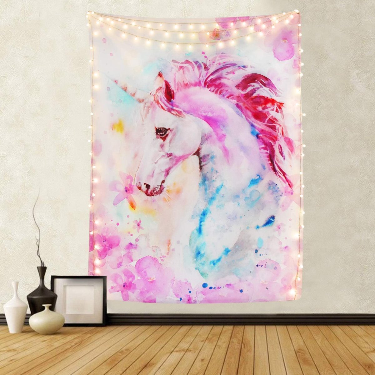 Roze Eenhoorn Wandtapijt Hippie Kunst Wandtapijt voor Slaapkamer Estiek Aquarel Print Wandtapijten Wanddecoratie voor Ruimtedekor (L/150x200cm/59x79 inch)