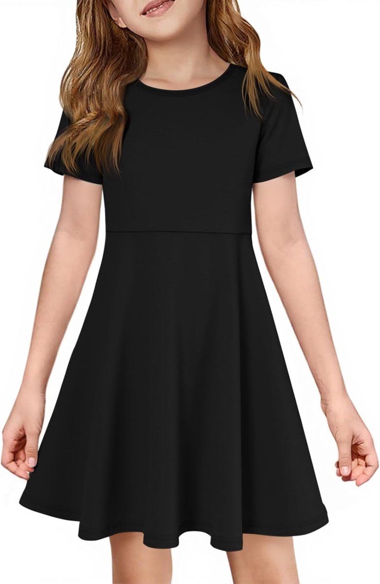 Meisjesjurk met korte mouwen, ronde hals, vrijetijdsjurk, A-lijn, ruches, zomerjurk, effen, casual, elegant, feestjurk, verjaardag, bruiloft, feestelijke jurk