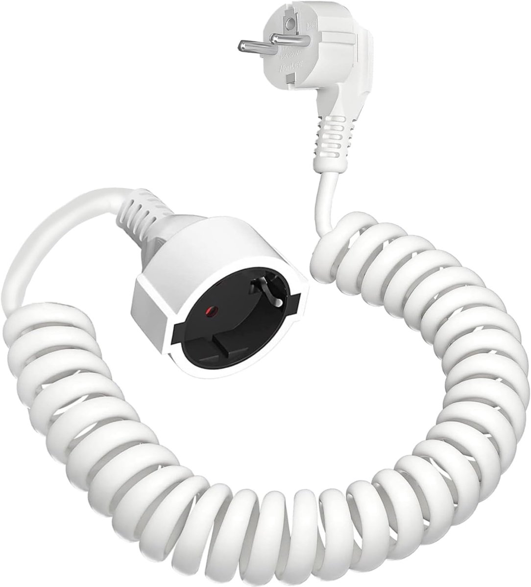 verlengkabel, Kunststof Verlengkabel, spiraalverlenging stretchy van 0,58 m tot 2 m Max, IP20 spiraalkabel(230V/16 A), veiligheidscontact verlenging met Schuko stekker & contactdoos, Wit