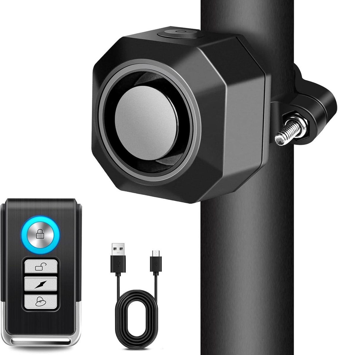 Ulisem - Fietsalarm - Draadloos beveiligingsalarm met afstandsbediening - 110 dB luide waarschuwing - 7 gevoeligheidsniveaus instelbaar - USB-C oplaadbare 700mAh batterij - IP54 waterdicht - Voor fiets, step en motor - Incl bevestigingsset - Zwart