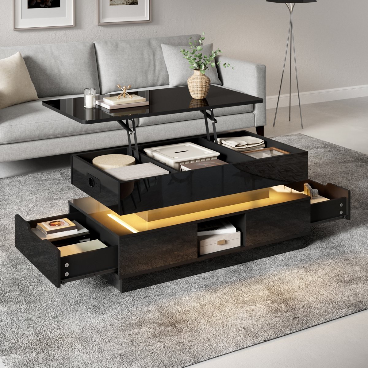 REDOM Salontafel met hoogglans afwerking - Hoogteverstelbaar lift-top blad - Met LED-verlichting en stopcontact - Met lades en open vakken - MDF - Zwart - 90 x 48 x 42,5 cm