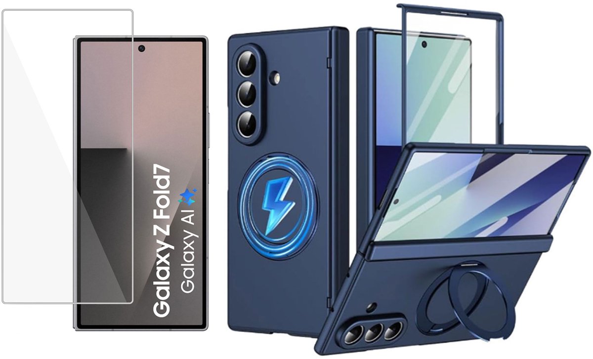Hoesje met Ringhouder + Screenprotector geschikt voor Samsung Galaxy Z Fold 8 Ultra – Geschikt voor MagSafe – Draaibare Kickstand – Draadloos Opladen – Blauw