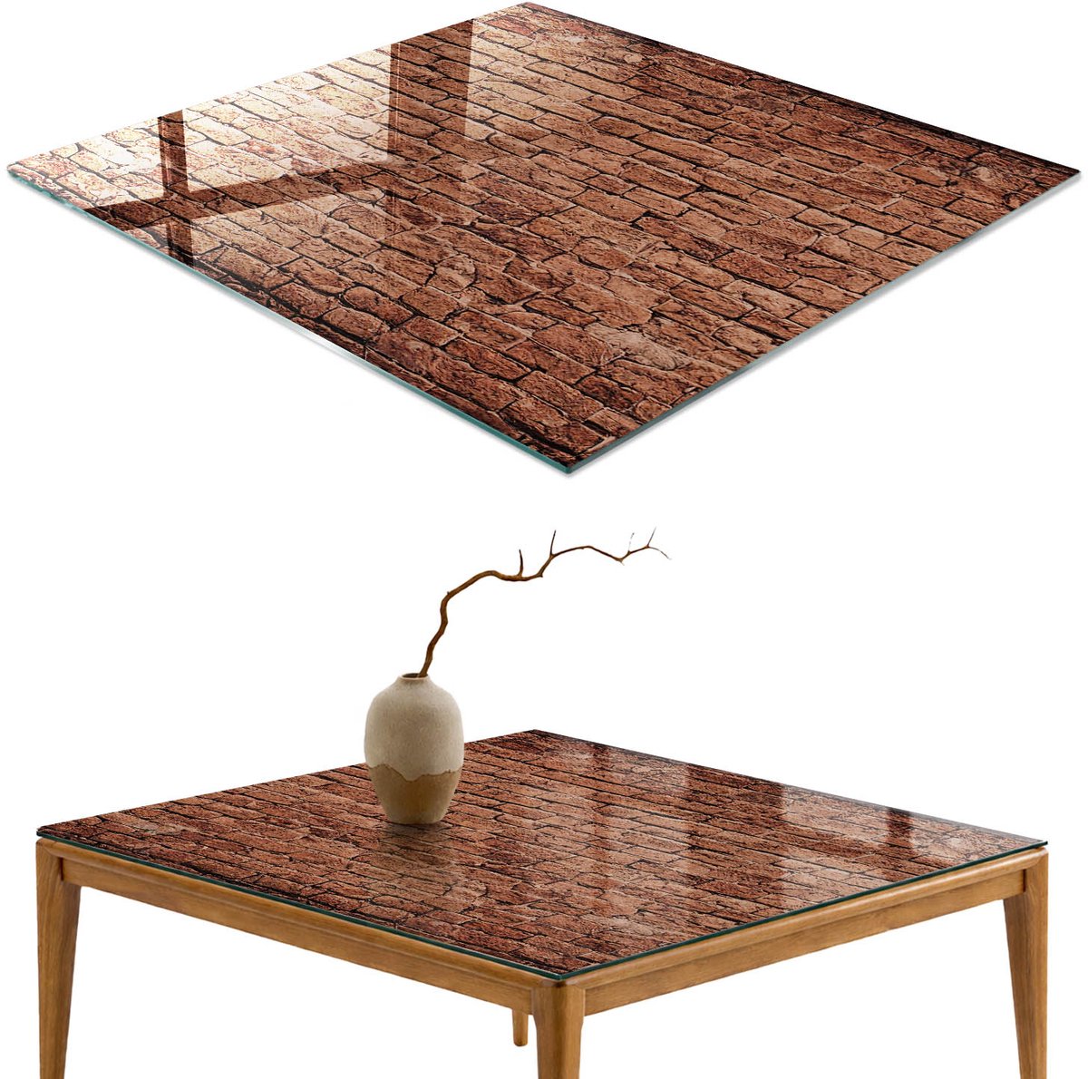 ArtPrintCave Bakstenen muur Glazen Tafelblad - 50x50 cm - Tafelblad Vierkanten - Bruin Keukentafel - Texturen Glazen Eettafel