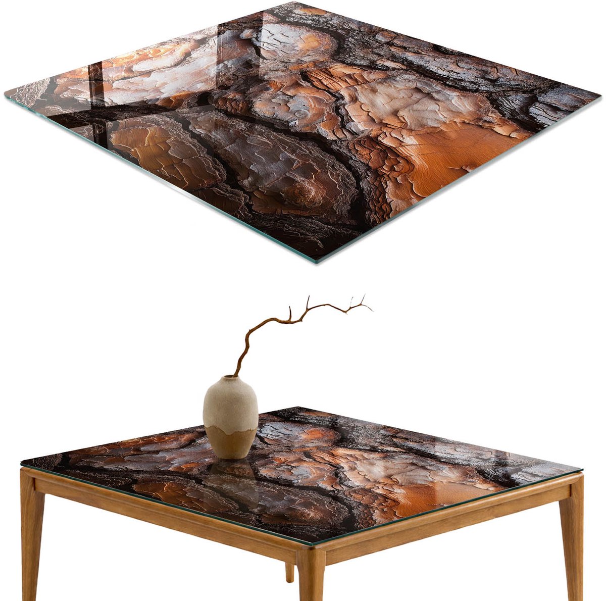 ArtPrintCave Boomschors Glazen Tafelblad 60x60 cm - Tafelblad Rechthoek - Bruin Tafelblad Glas - Texturen Terrastafel