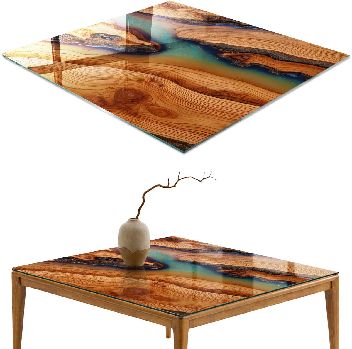 ArtPrintCave Houten golven Glazen Tafelblad - 50x50 cm - Tafelblad Vierkanten - Bruin Keukentafel - Texturen Glasplaat