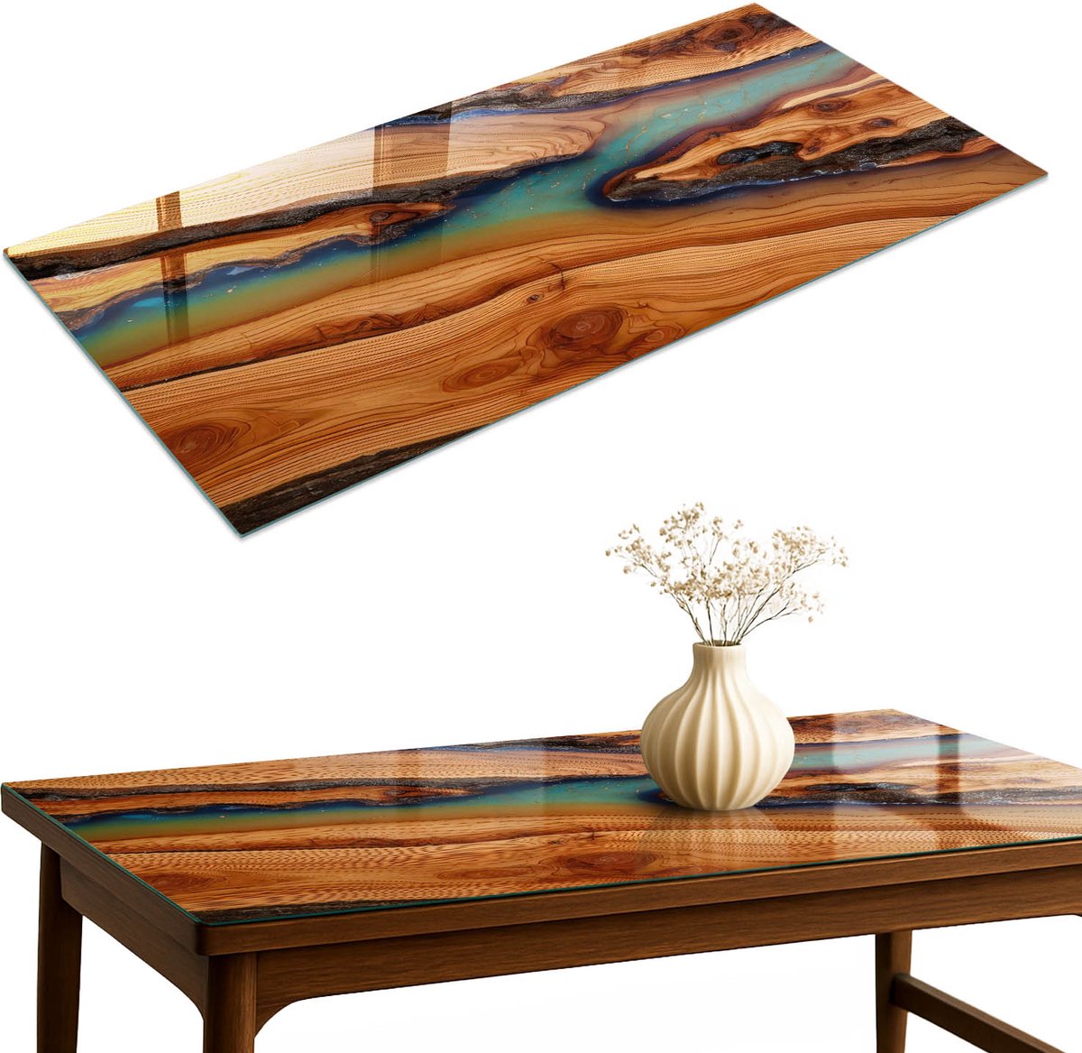 ArtPrintCave Houten golven Glazen Tafelblad 140x70 cm - Tafelblad Rechthoek - Bruin Glazen Eettafel - Texturen Glasplaat