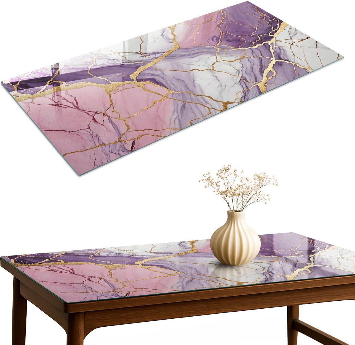 ArtPrintCave Paarse marmer Glazen Tafelblad 140x70 cm - Tafelblad Rechthoek - Paars Terrastafel - Abstractie Keukentafel