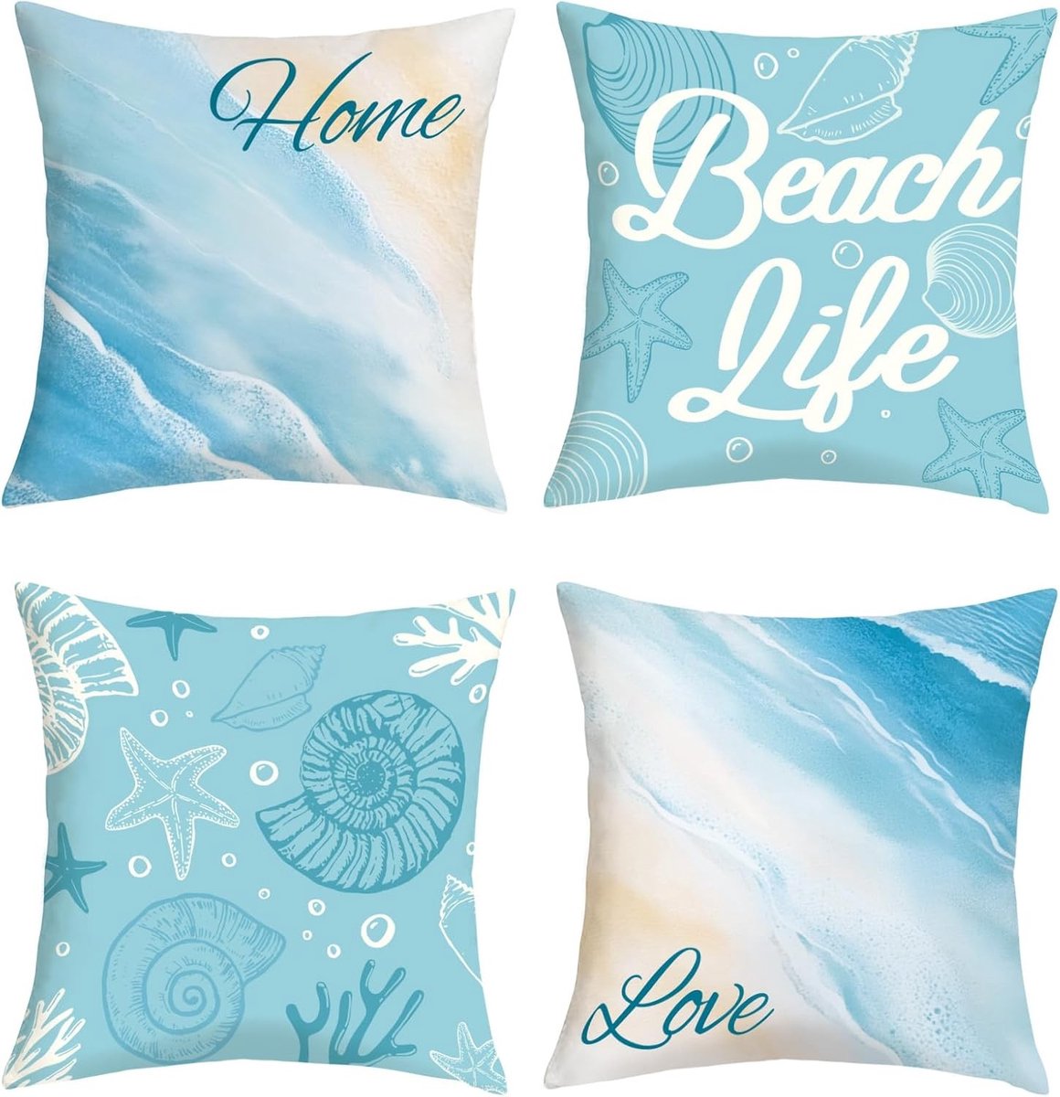 Set van 4 Decoratieve Kussenhoezen 45 x 45 cm in Zomerse Blauwe Oceanen met Schelpen voor Sofa, Slaapkamer en Woonkamer