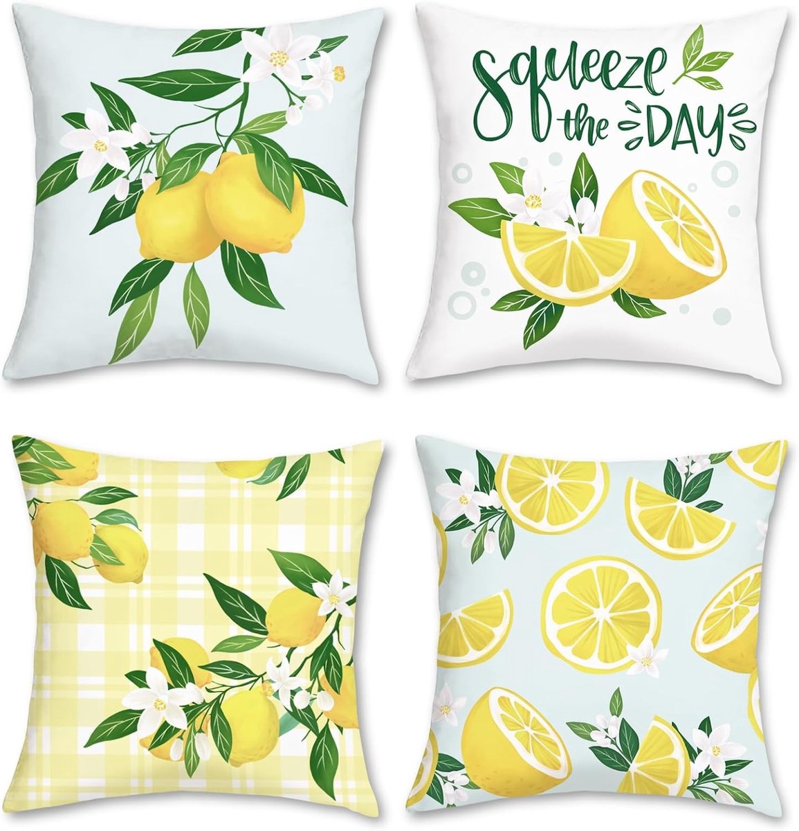 Decoratieve kussenslopen met citroenfruit design voor zomer, 40 x 40 cm, set van 4, fluweel, zacht en stijlvol voor bank en bed, boerderijlook