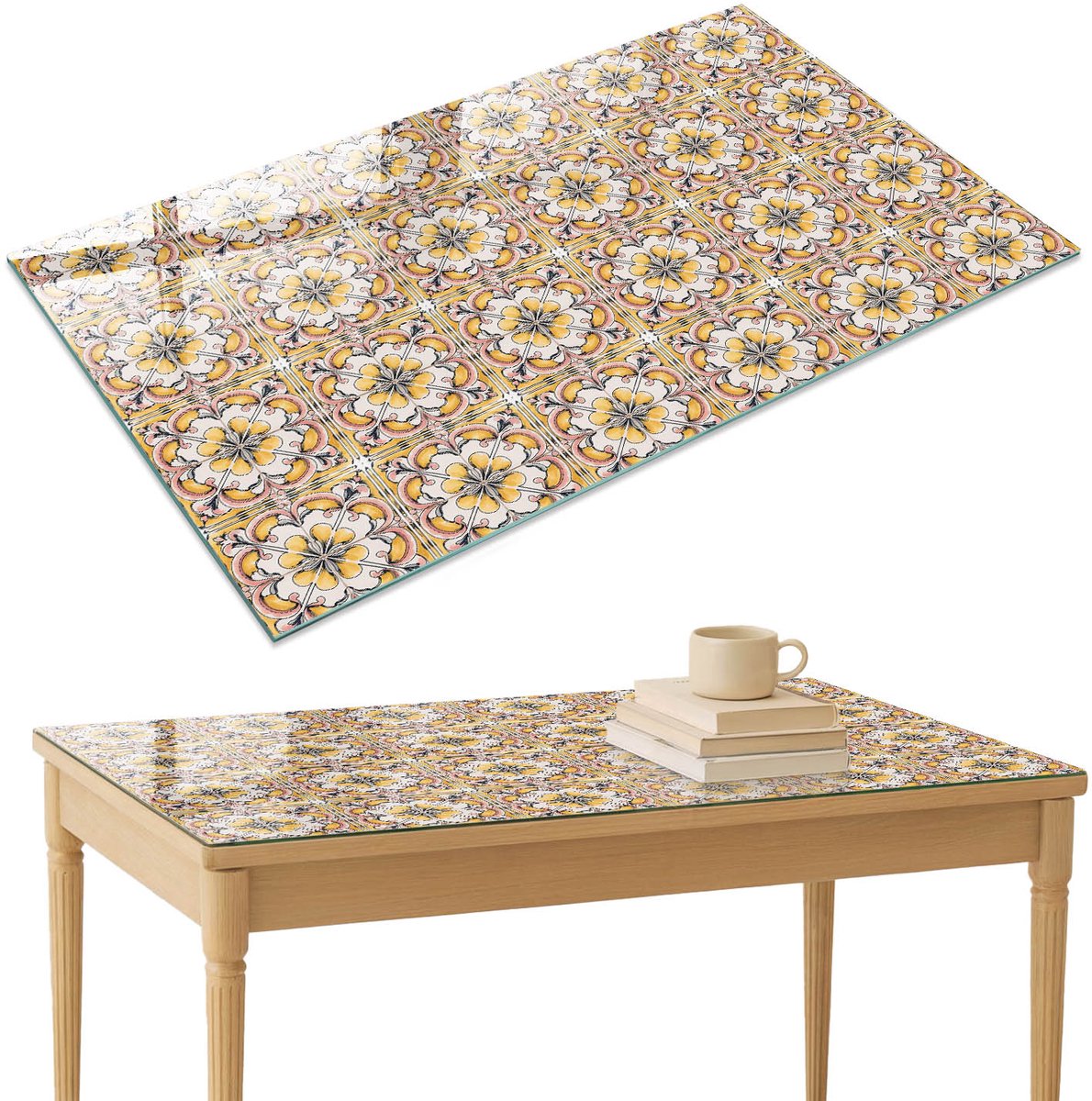ArtPrintCave Bloemenpatroon Glazen Tafelblad 120x80 cm - Tafelblad Rechthoek - Geel Bureaublad - Achtergronden en patronen Tafelblad Glas