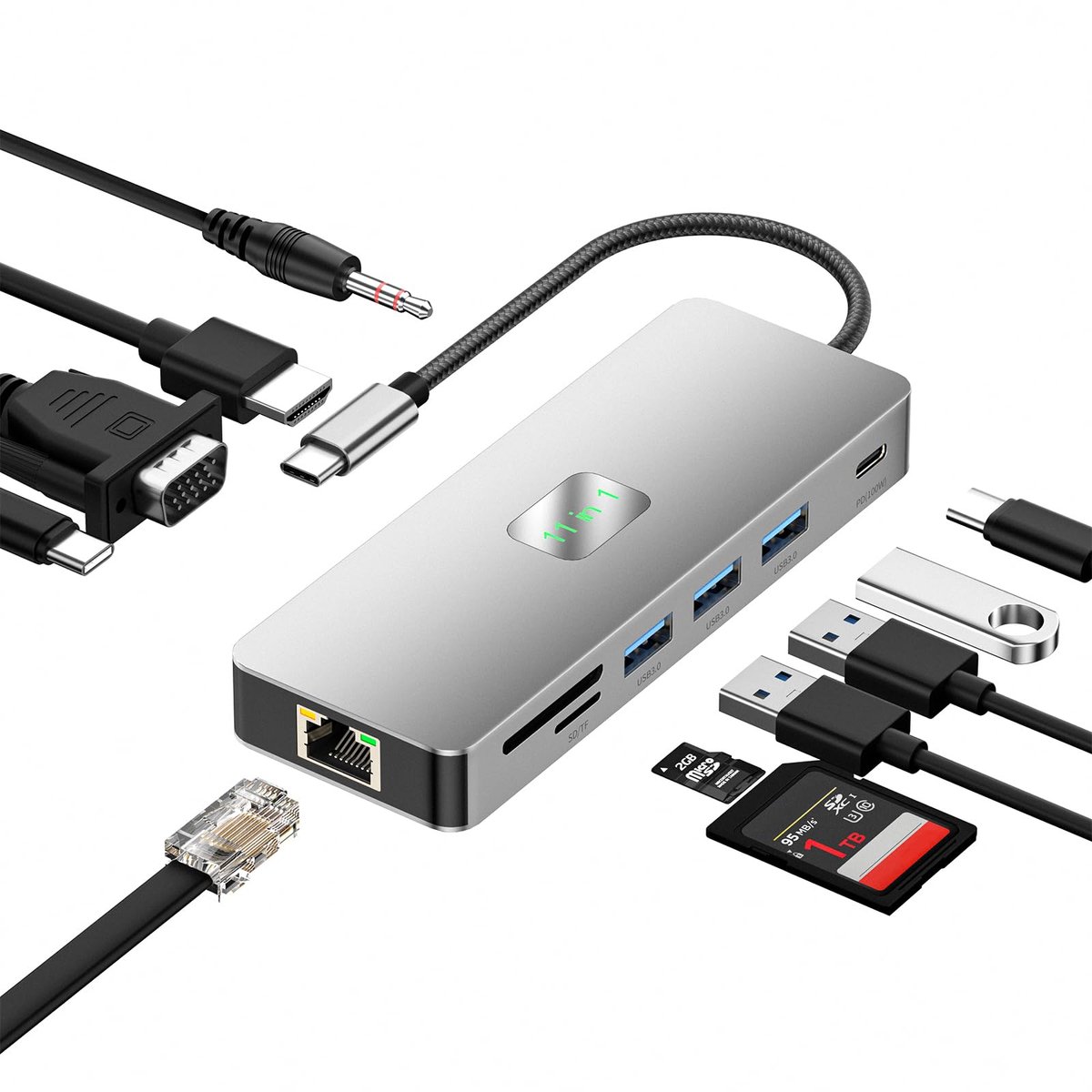 USB-C Hub 11-in-1 Docking Station - Dual Screen Ondersteuning - 4K HDMI + VGA + USB-C Video - 3x USB 3.0 Poorten - SD/TF Kaartlezer - 100W PD Snelladen - Multiport Adapter voor MacBook, Dell, HP, Lenovo en Surface