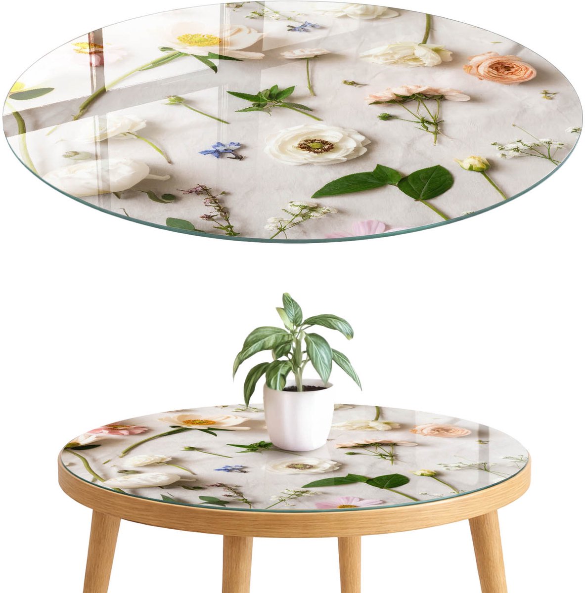 ArtPrintCave Bloemige elegantie Glazen Tafelblad fi70 cm - Tafelblad Rond - Wit Keukentafel - Bloemen en planten Eettafel Met Glasplaat