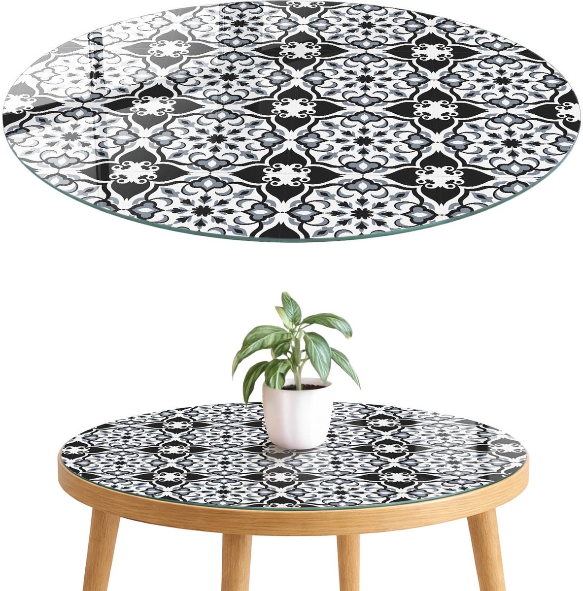 ArtPrintCave Zwart-wit symmetrie Glazen Tafelblad fi70 cm - Tafelblad Rond - Zwart Bureaublad - Achtergronden en patronen Terrastafel