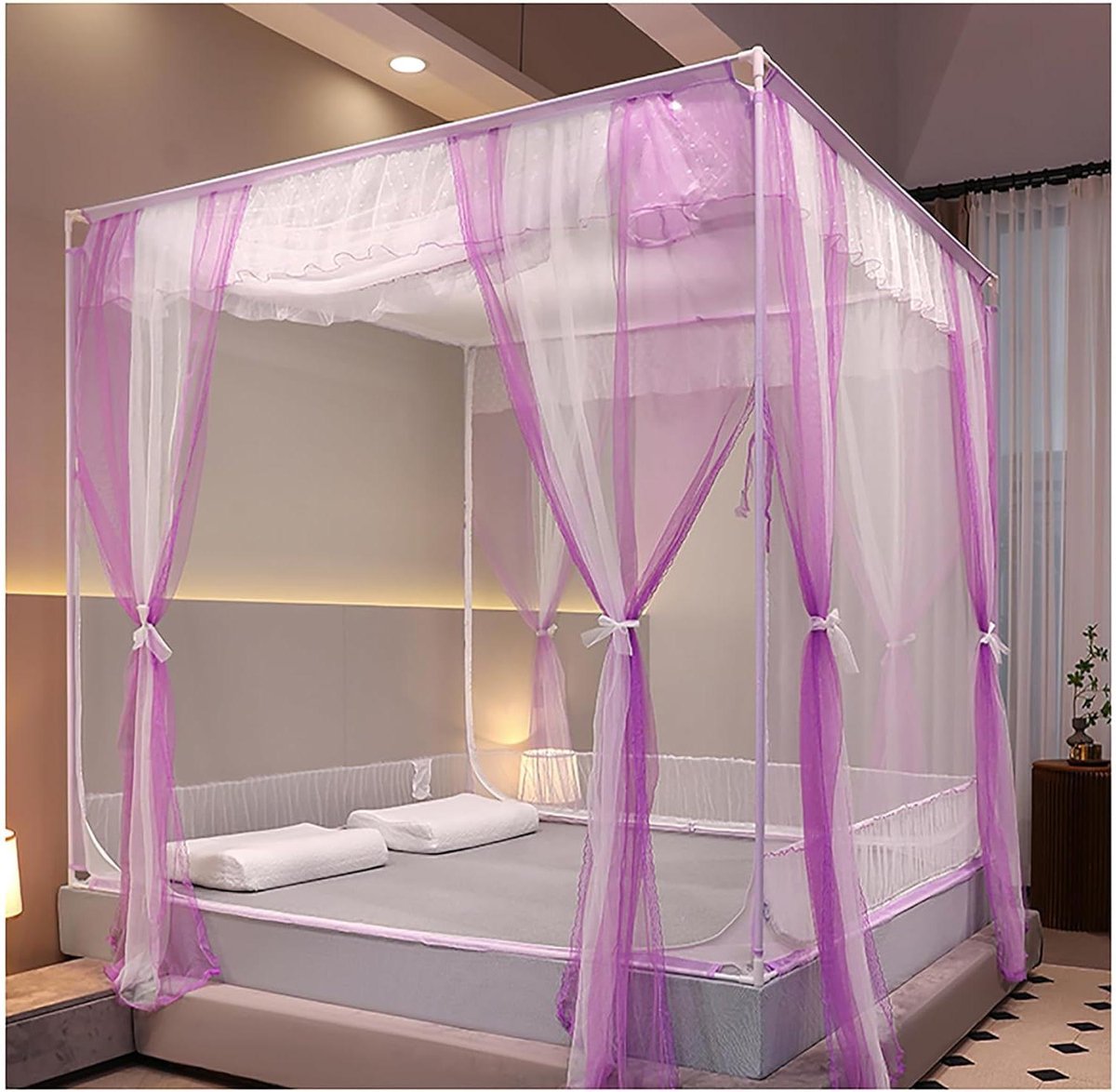 Klamboe Bed Luifel - Hemelbed Frame Gordijnen - Slaapkamer Decoratie - Drie Deuren Ontwerp - 180 x 200 cm - Roze
