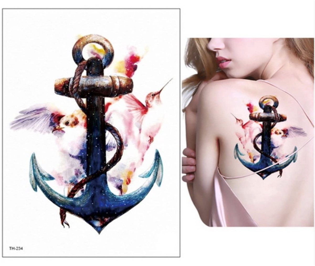 Temporary Tattoo Anker met Vogels (A5 formaat) [Neptattoo - Tijdelijke tatoeage - Nep Fake Tattoos - Water overdraagbare festival sticker henna outfit tattoo - Glitter tattoo - Volwassenen Kinderen Jongen Meisje]