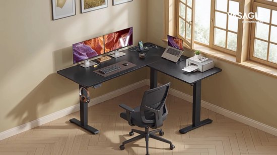 VASAGLE - Bureau - Zit Sta Bureau - Elektrisch - L-vormig Hoekbureau - Met Oplaadstation