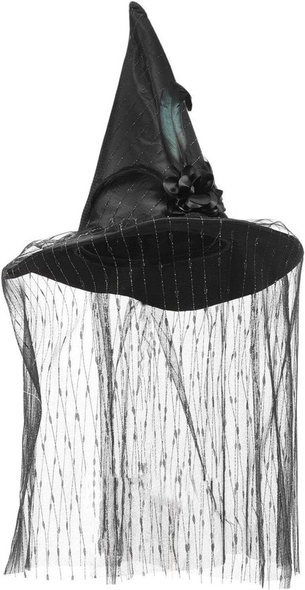 Heksenhoed - Verkleedhoed Partyhoed - Halloween Cosplay - Met Zilveren Strepen - 37 cm - Zwart