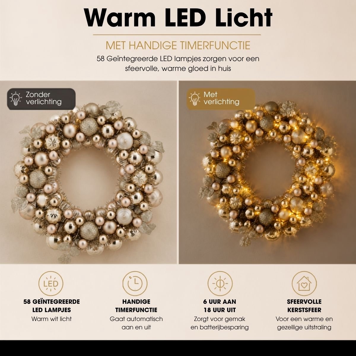 Mica Decorations Kerstkrans met Verlichting - Deurkrans H8,5 x Ø47 cm - Kerst Krans met Timer en Kerstballen - Multifunctionele Kerstversiering - Champagne – foto 5