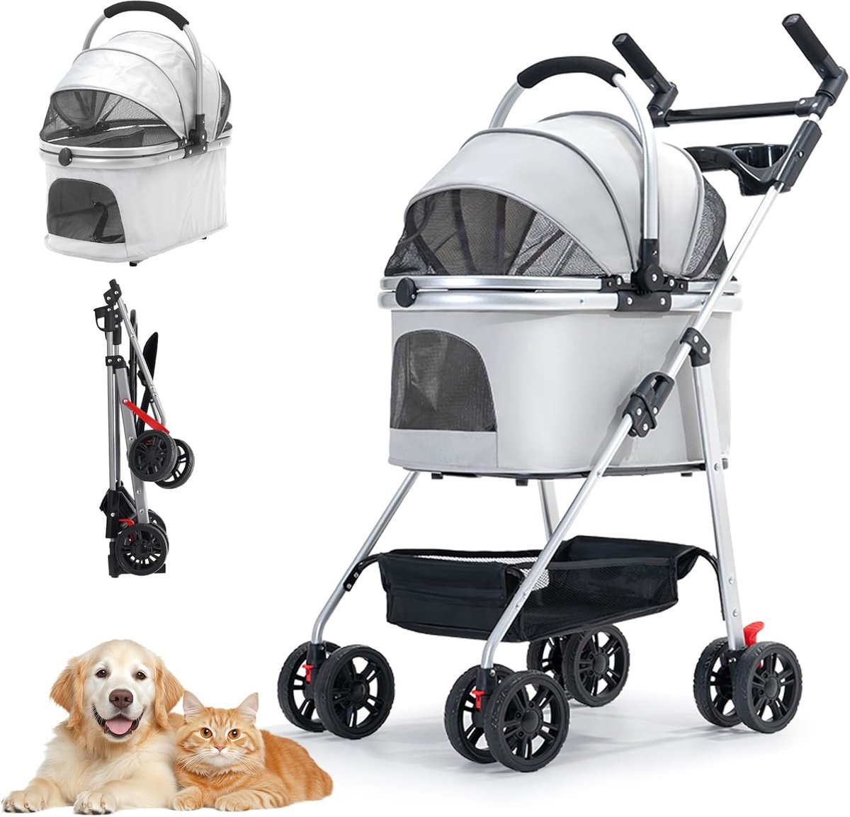 3-in-1 Hondenbuggy - Opvouwbare Hondenwagen - Voor Kleine en Middelgrote Honden tot 20 kg - Afneembare Draagtas - Autozitje - Veiligheidsgordel - Grijs