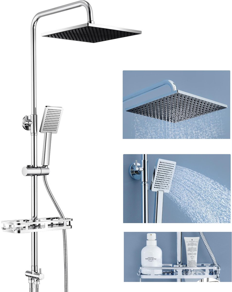 Auralum Max Douchesysteem - 25.5 cm Regendouche - Zwart Douche Set - Met Plankje - Verstelbare Hoogte 72-110 cm - Vierkant Design - Waterbesparend - Chroom