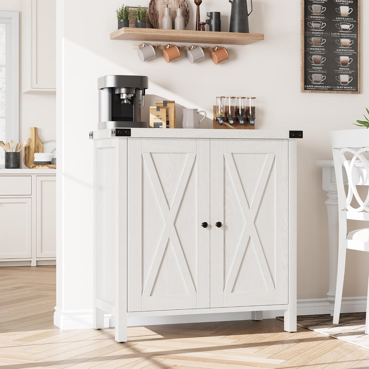 Wit Dressoir met 2 Deuren - Keukenkast 76 x 40 x 80 cm - Landelijke Buffetkast met Verstelbare Plank - Houten Poten - Opbergkast voor Keuken, Woonkamer en Gang - Wit