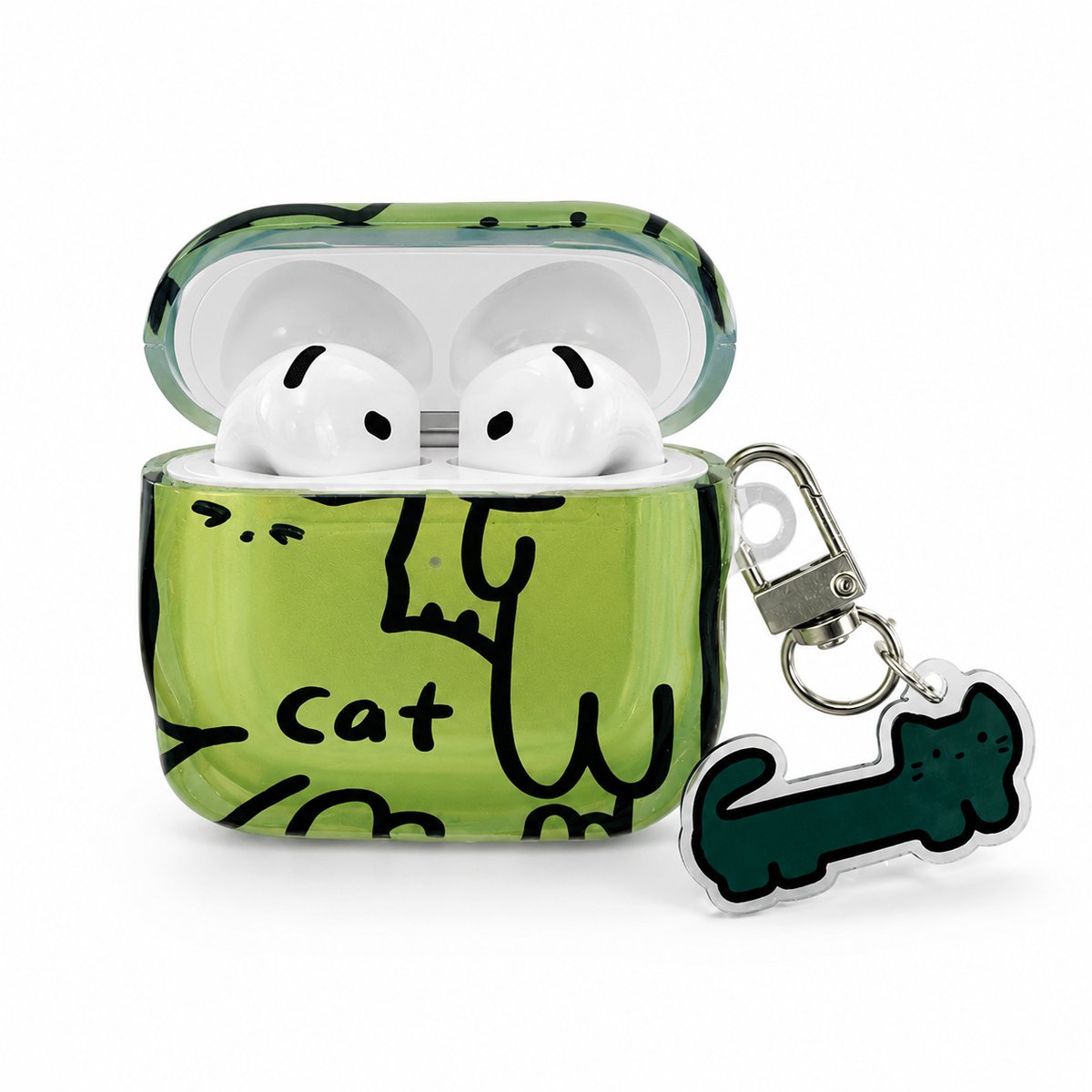 Enluxe Case geschikt voor Airpods 4 - Doodle Kat Groen - Hardcase met Kattenhanger, Schokbestendig Hoesje