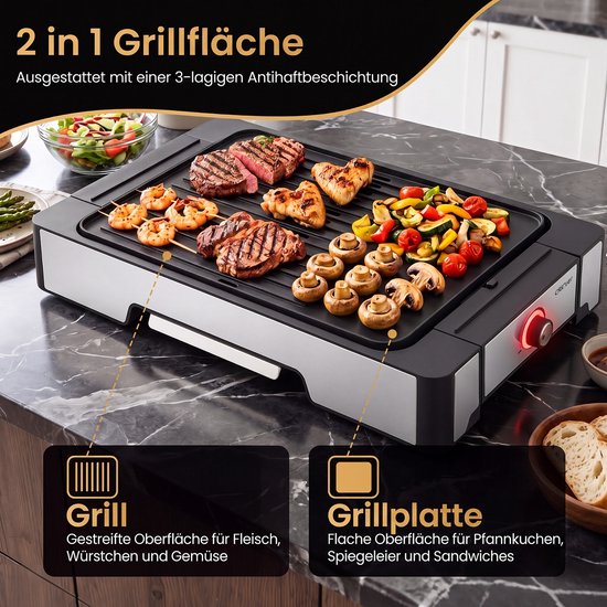 COSTWAY Elektrische Grill, 2300W Tafelgrill met Antiaanbakgrillplaat - BBQ Grill met 2 Verhittingszones & Vetopvangschaal, Elektrische Balkongrill incl. Grilltang, voor Kamperen & Balkon, 53x31x8,5 cm — afbeelding 4