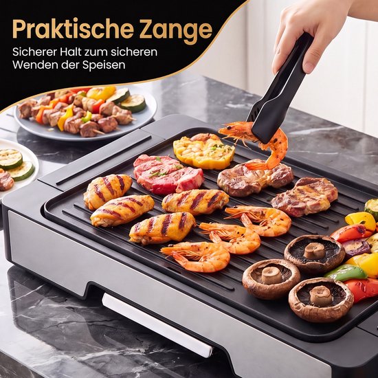 COSTWAY Elektrische Grill, 2300W Tafelgrill met Antiaanbakgrillplaat - BBQ Grill met 2 Verhittingszones & Vetopvangschaal, Elektrische Balkongrill incl. Grilltang, voor Kamperen & Balkon, 53x31x8,5 cm — afbeelding 5