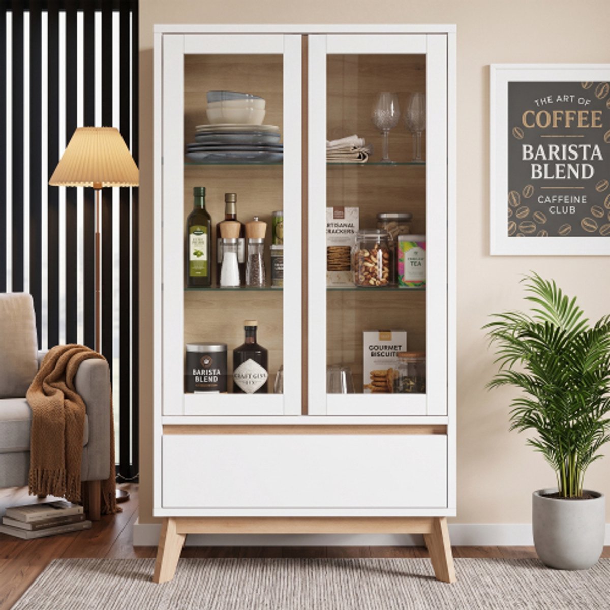 Buffetkast Wit met Hout - Keukenkast Opbergkast 80x40x150 cm - Sideboard met Verstelbare Planken & Lade - Scandinavische Voorraadkast