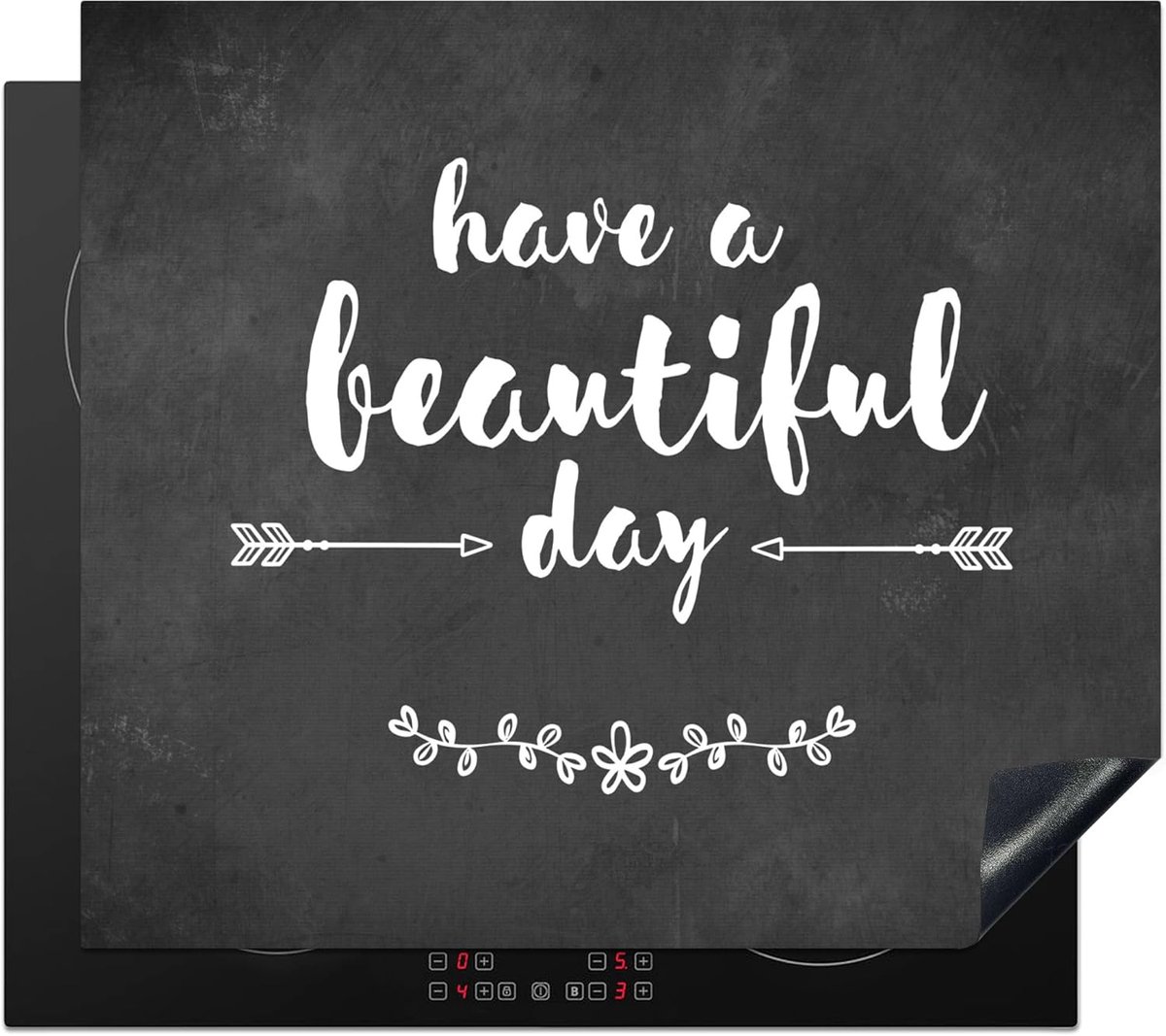 SnelShoppen - Inductie Beschermer 60x52cm Keuken Decoratie Kookplaat Bescherming Antislipmat - Quote - Heb een Mooie Dag - Grijs - Wit | Keramische Ko