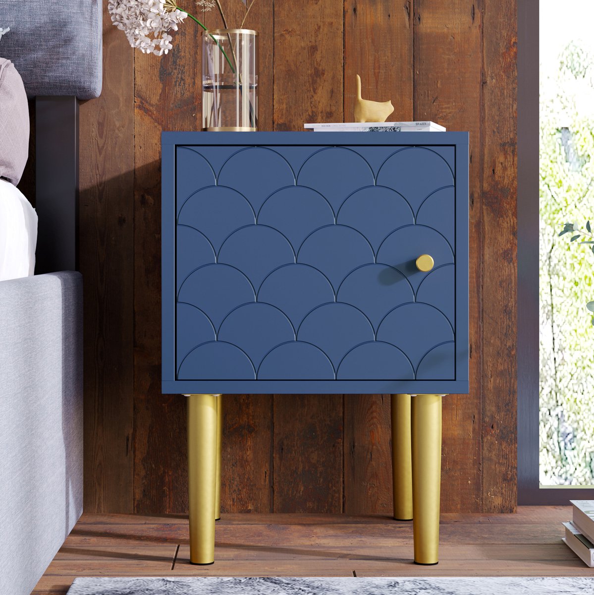 MIVRAY Nachtkastje Set Van 2 - Marineblauw Met Gele Metalen Poten En Kiezelstructuur - Voor Slaapkamer En Woonkamer - Spaanplaat En Metaal - 35x35x51 Cm