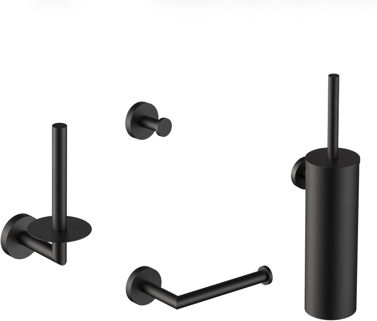WEBO Prime Badkamer Accessoireset Mat Zwart – 4-delige Toilet Accessoires Set met Toiletrolhouder, Toiletborstel, Handdoekhaak en Reserverolhouder