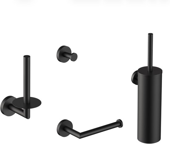 Mat zwarte 4-delige badkameraccessoireset: toiletrolhouder, toiletborstelhouder, handdoekhaak en reserverolhouder.