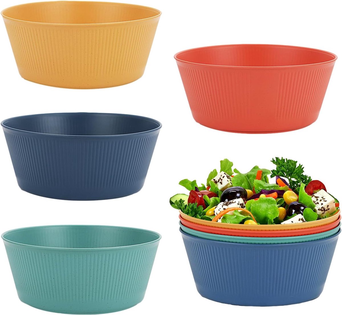 SnelShoppen - Set van 4 Grote Plastic Saladeschalen, Multi-Kleurige Schalen voor Feest, Camping, Tuin en Keuken - Shatterproof, Magnetron- en Vaatwass