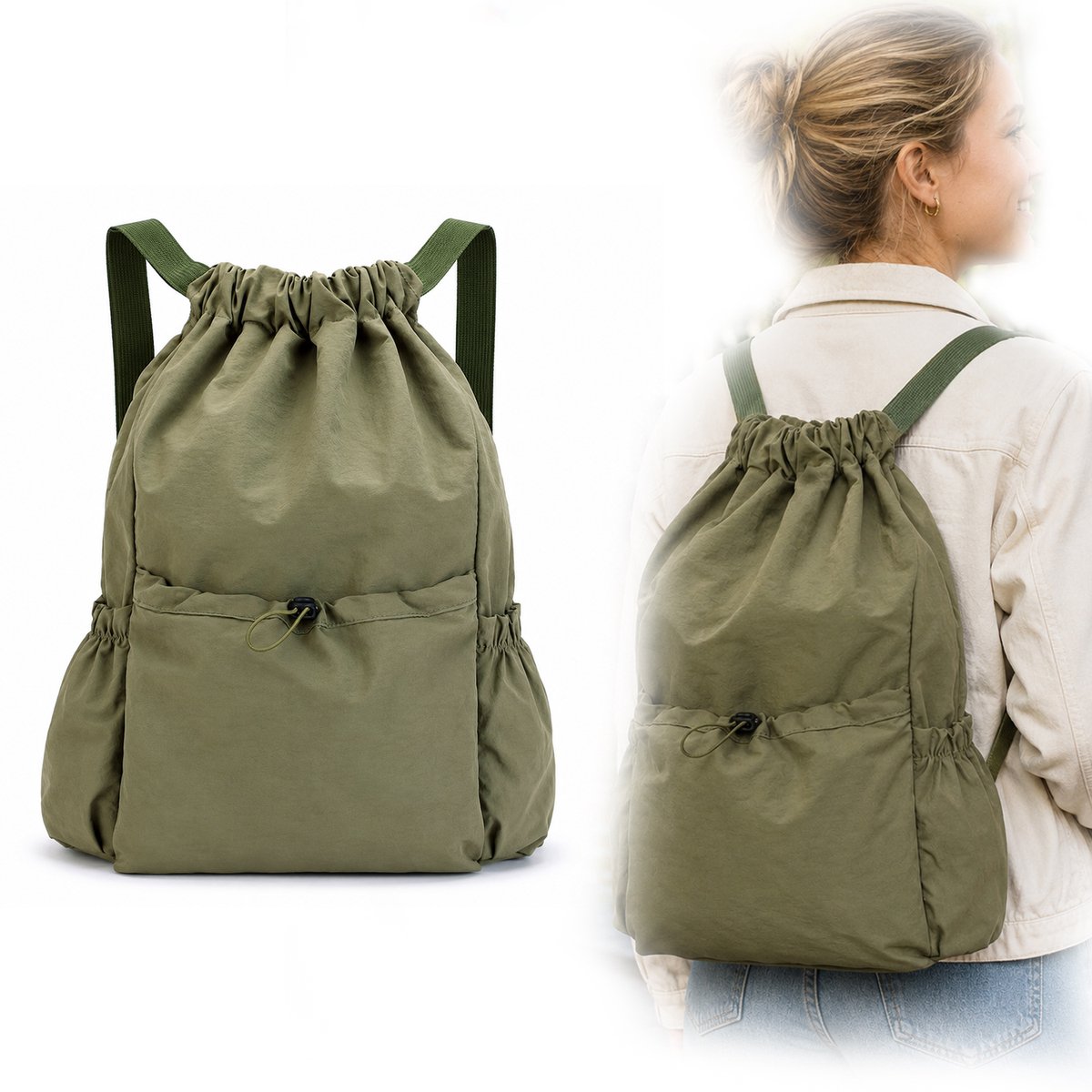 Ulisem - Gymtas met Trekkoord – Opvouwbare Rugzak 20L – Lichtgewicht Cinch Bag – Waterafstotende Sporttas – Dagrugzak voor Reizen, Winkelen, Fitness & Outdoor – Groen