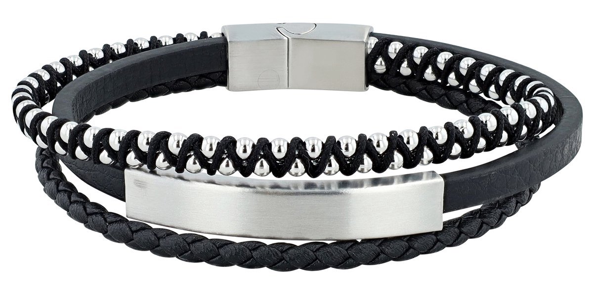 Akzent leren armband met roestvrij staal graveerplaatje 21cm.